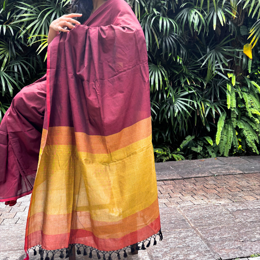 Maroon & Mustard Gold Handloom Cotton Saree with Tassels