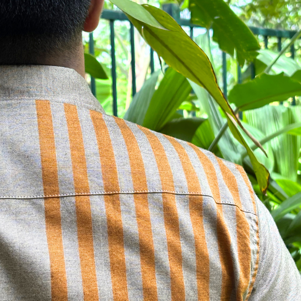Ash And Mustard Striped Handloom Shirt | Medium Size