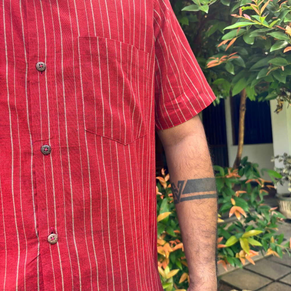 Maroon And Ash Striped Handloom Shirt | Large Size