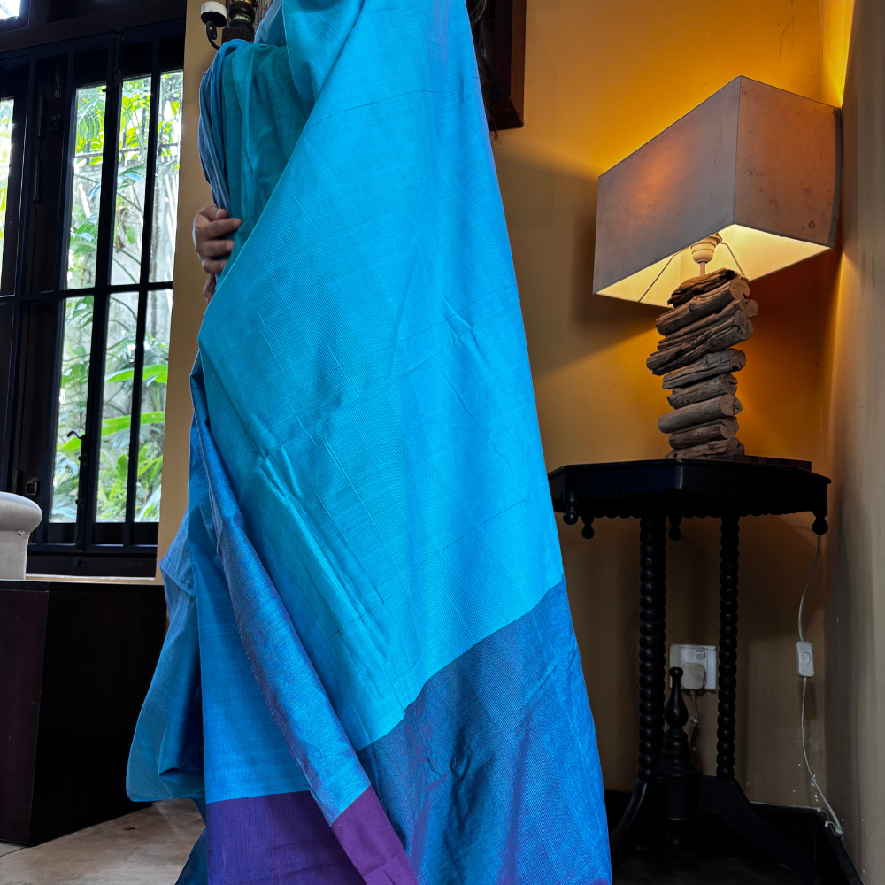 Light Blue , Dark Blue & Purple Handloom Cotton Saree with Tassels