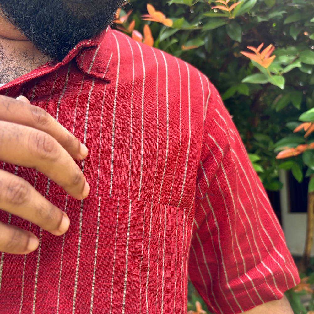 Maroon And Ash Striped Handloom Shirt | Large Size