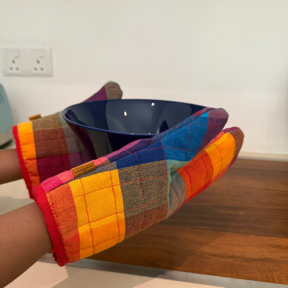 Blue And Red Patchwork Handloom Oven Glove