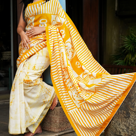 White & Yellow Silk & Mercerized cotton Batik Saree