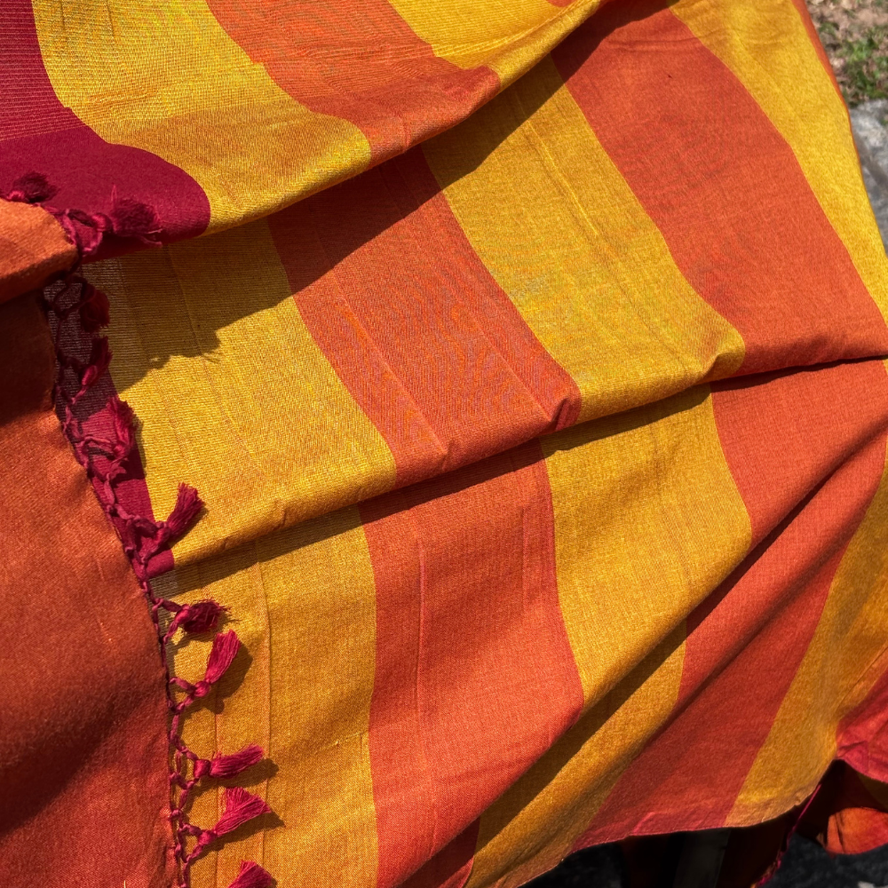Rust Orange & Mustard Yellow Handwoven Cotton Saree with Tassels