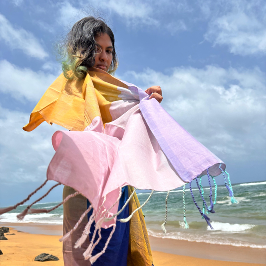 Light Pink , Light Purple And Mustard Cotton Handloom Shawl