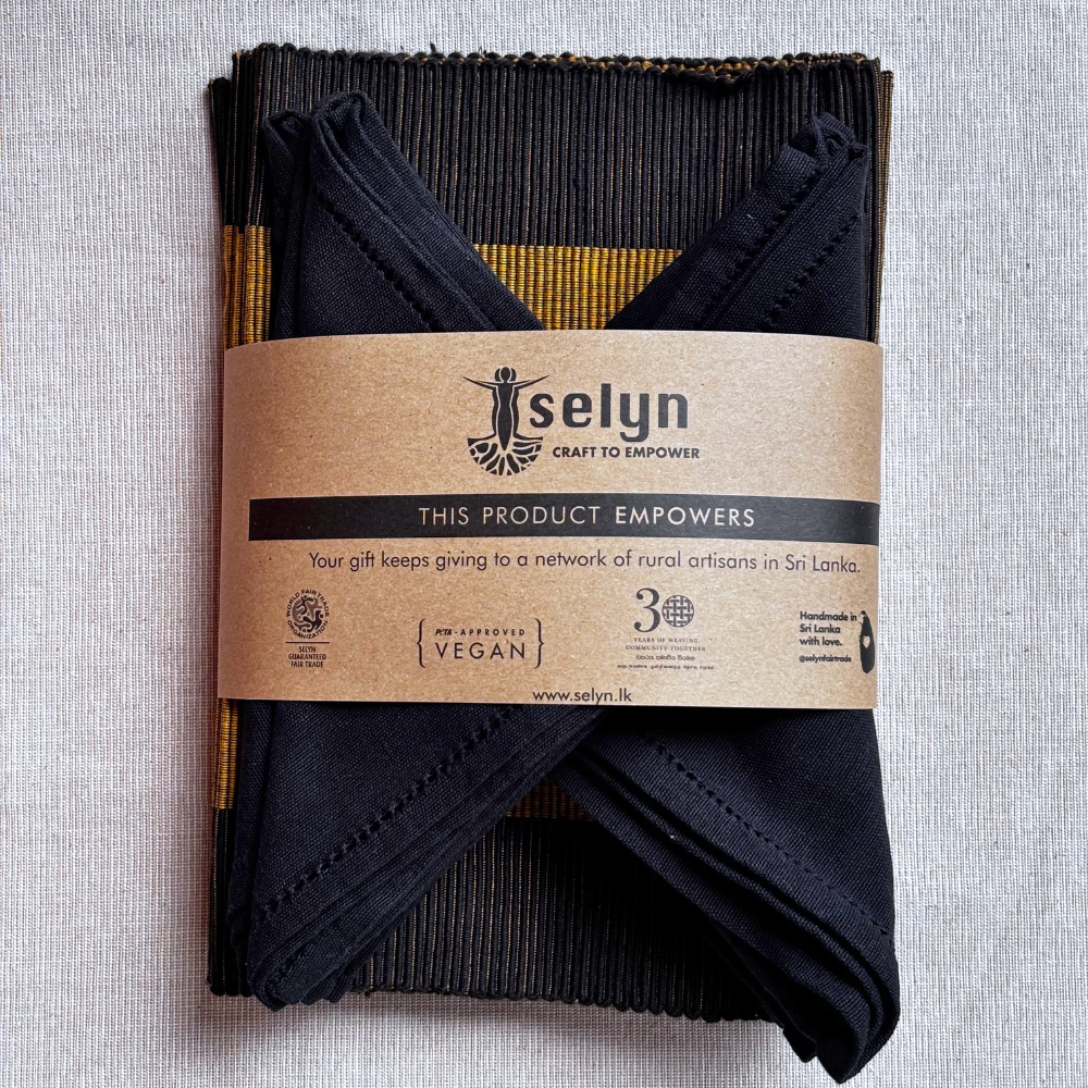 Black & Yellow Patterned Table Mat & Napkin Set-6 Seater