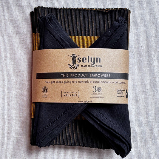 Black & Yellow Patterned Table Mat & Napkin Set-6 Seater