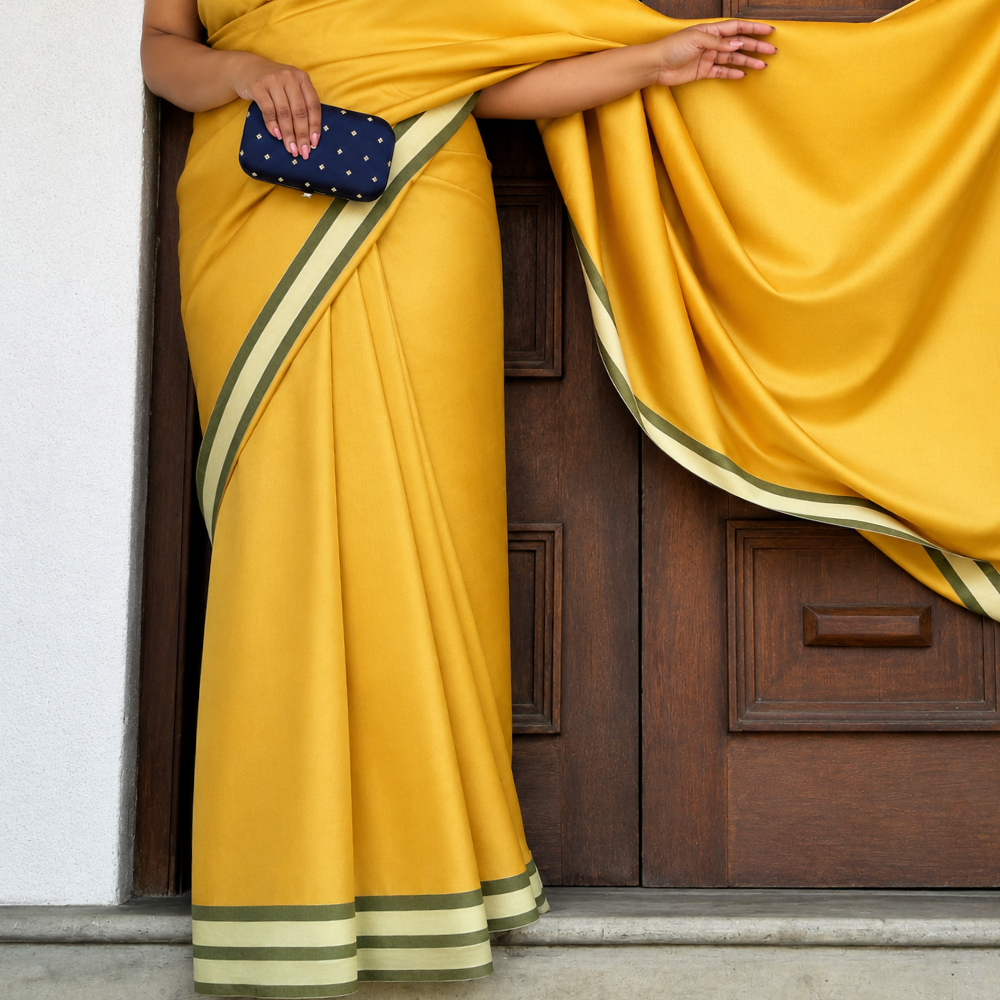 Mustard Gold Handloom Cotton Saree with Olive Green Border and Tassels