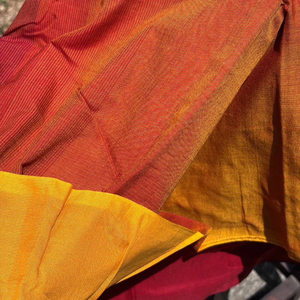 Rust Orange & Mustard Yellow Handwoven Cotton Saree with Tassels