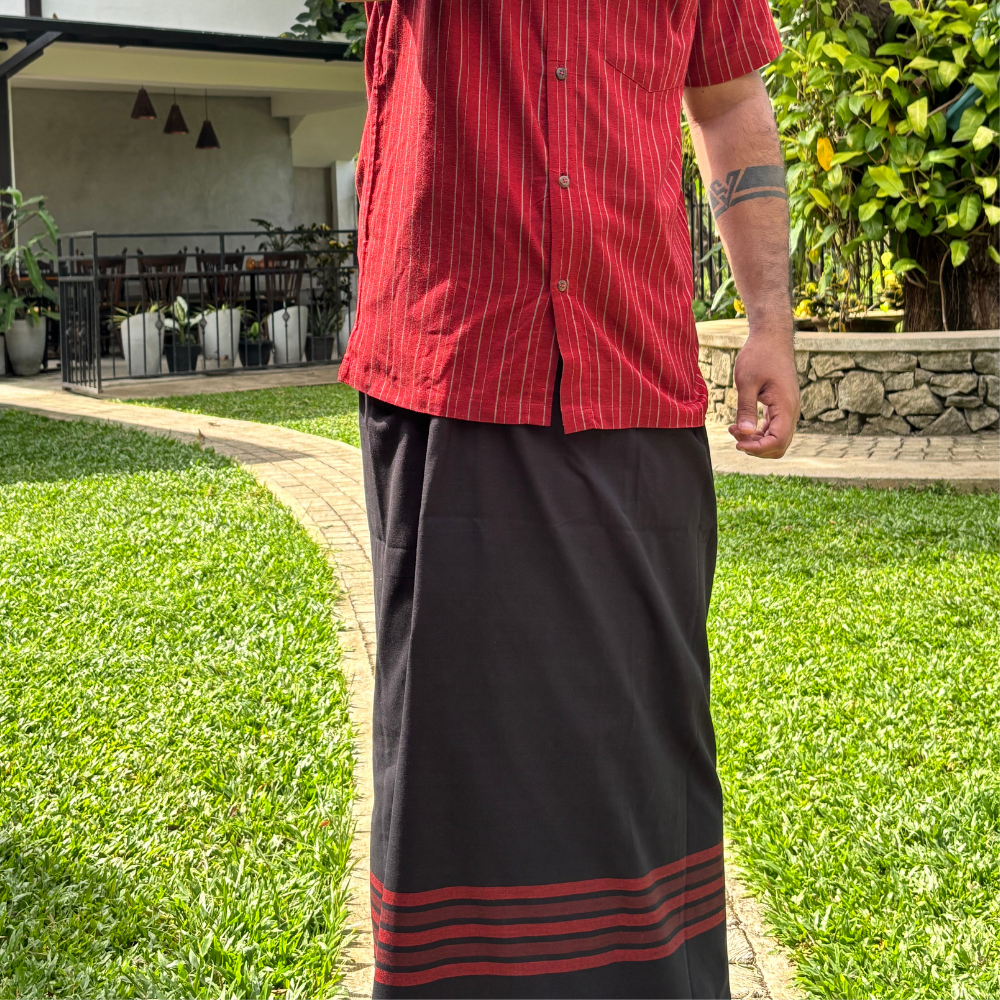 Black And Maroon Striped Handloom Sarong | Standard Size