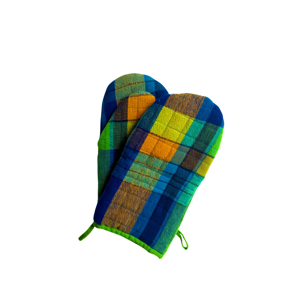 Blue And Yellow Patchwork Handloom Oven Glove