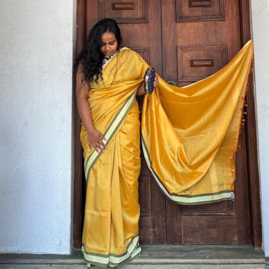 Mustard Gold Handloom Cotton Saree with Olive Green Border and Tassels
