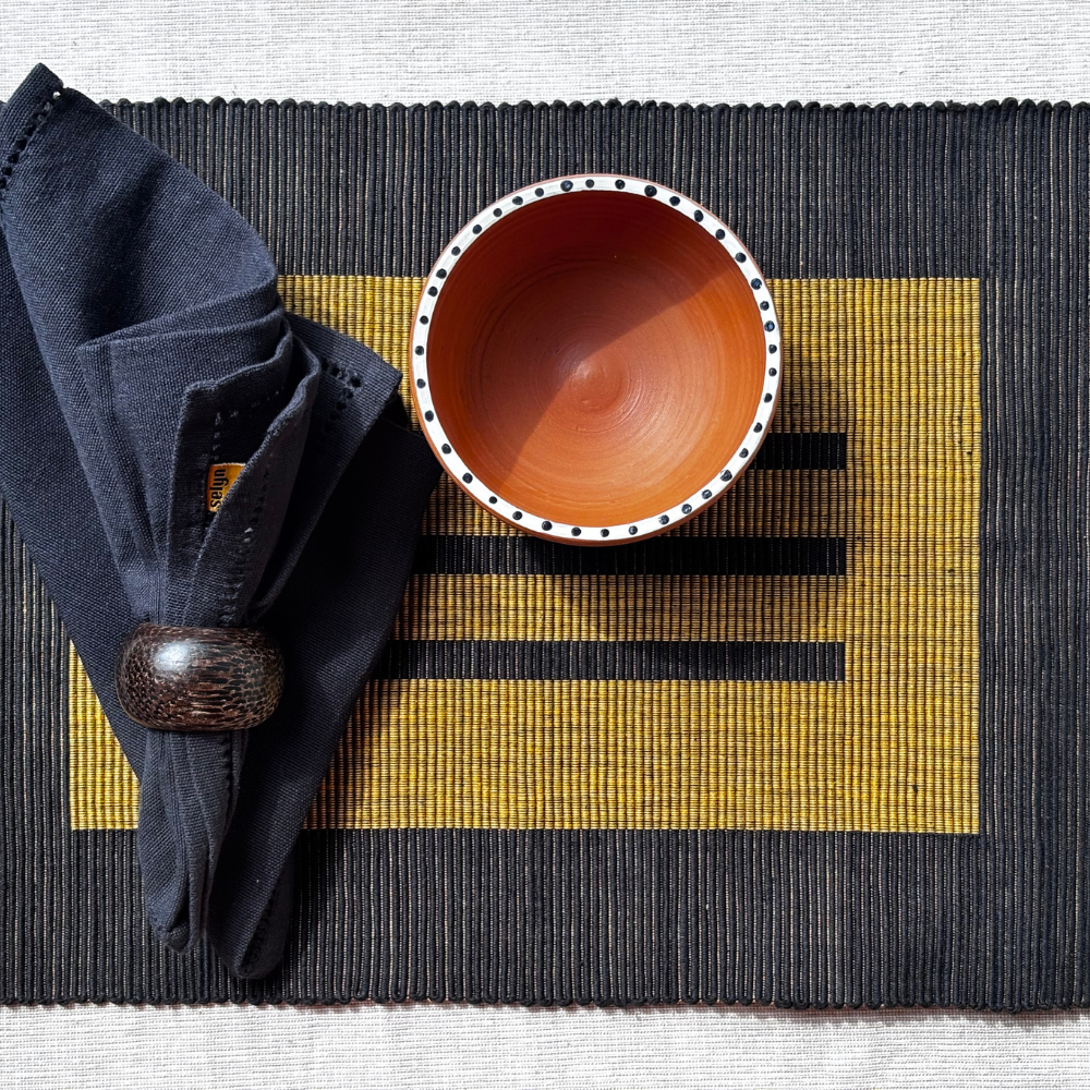 Black & Yellow Patterned Table Mat & Napkin Set-6 Seater