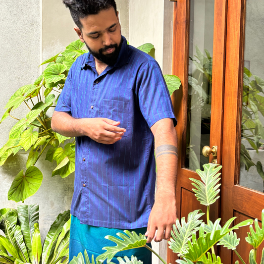 Blue And Light Blue Striped Handloom Shirt | Large Size