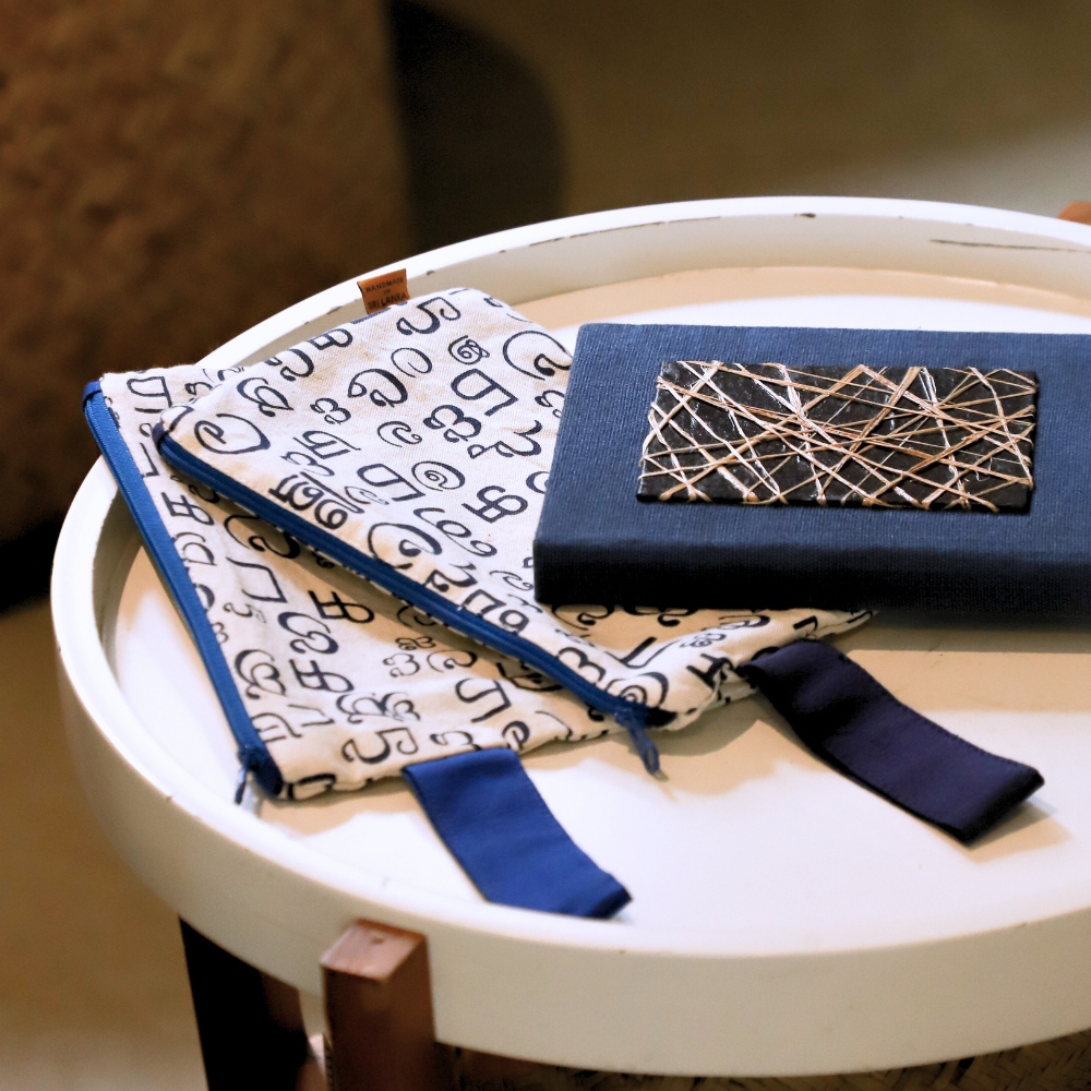 Blue & White Akuru Cosmetic Case – Sinhala & Tamil Script Design