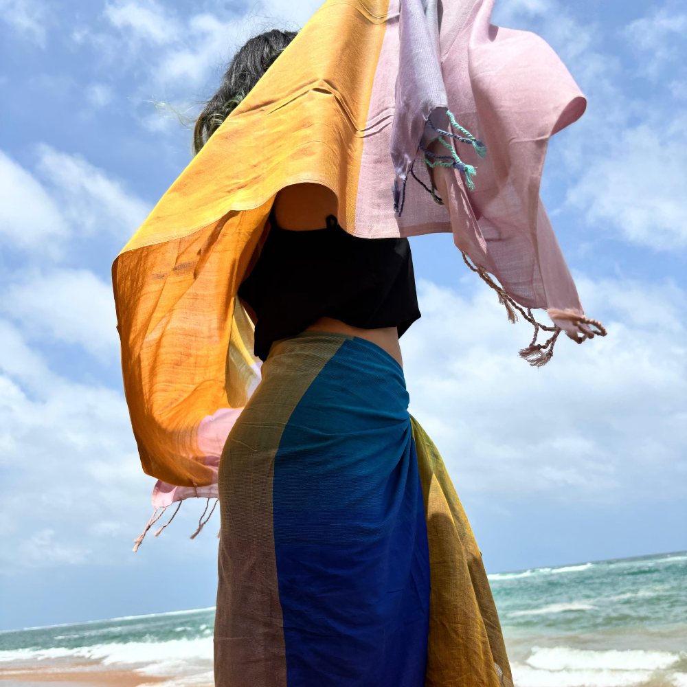 Light Pink , Light Purple And Mustard Cotton Handloom Shawl