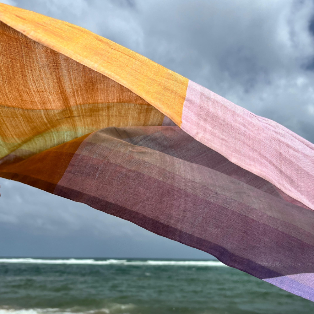 Light Pink , Light Purple And Mustard Cotton Handloom Shawl