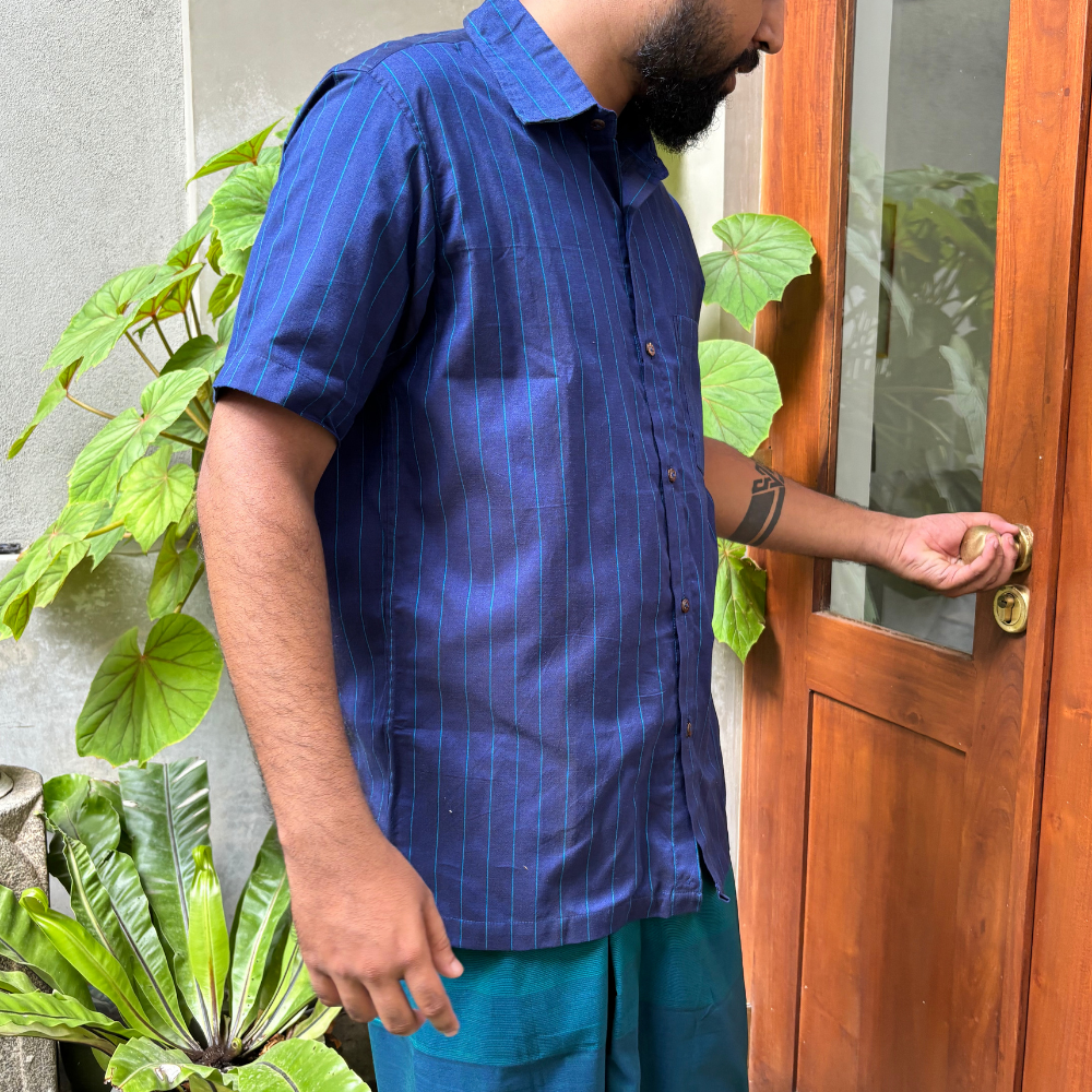 Blue And Light Blue Striped Handloom Shirt | Large Size