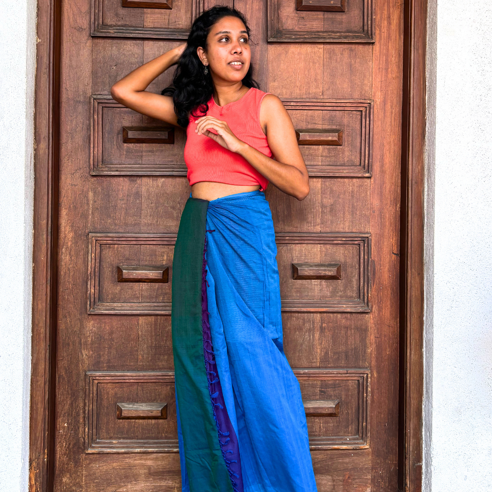 Purple , Orange And Yellow Striped Cotton Handloom Lungi