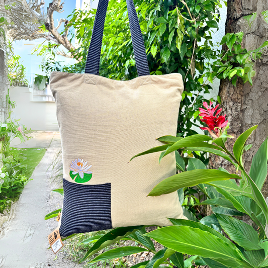 White Tote Bag With Nelum Mala