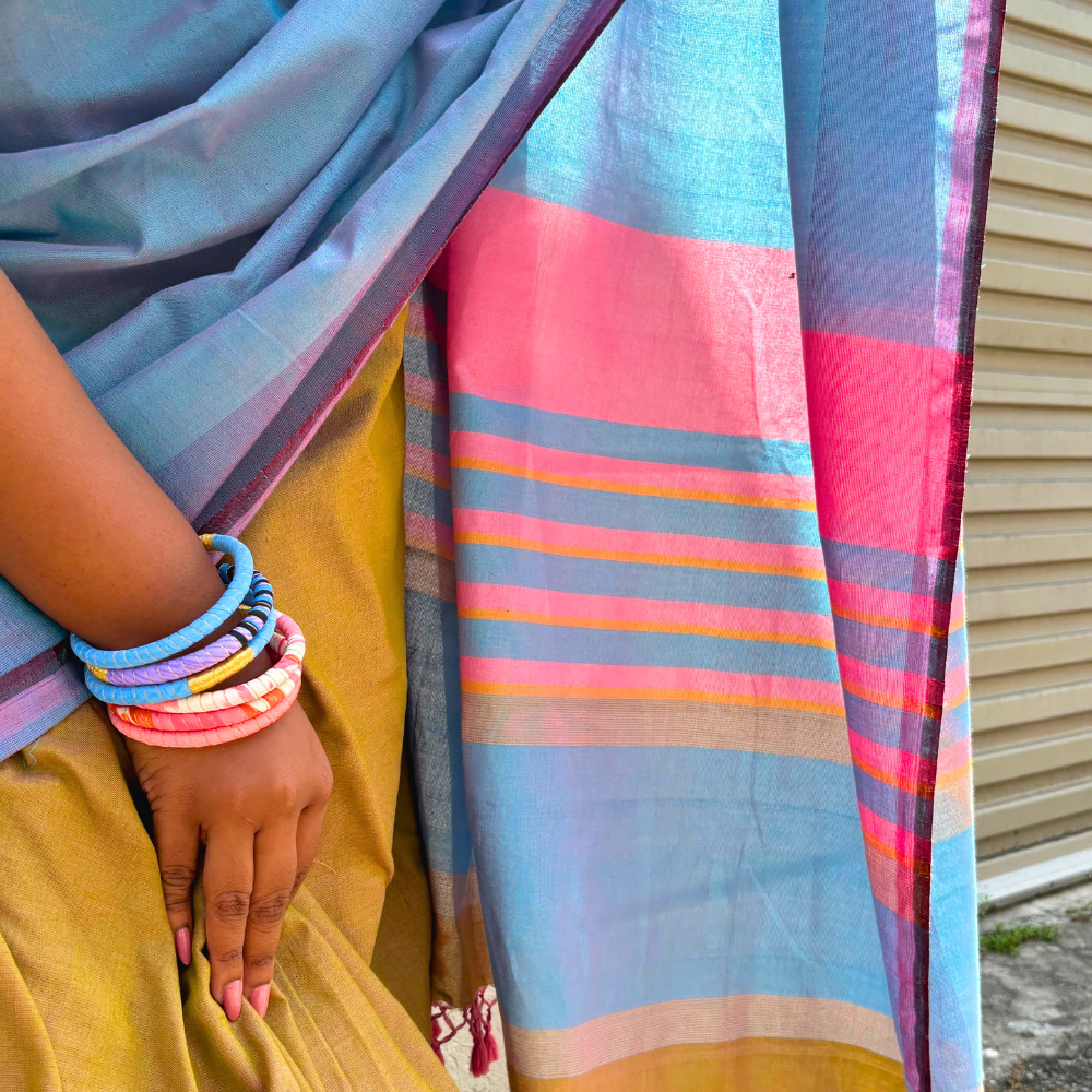 Sky Blue Handloom Cotton Saree with Pink & Lavender Border and Tassels