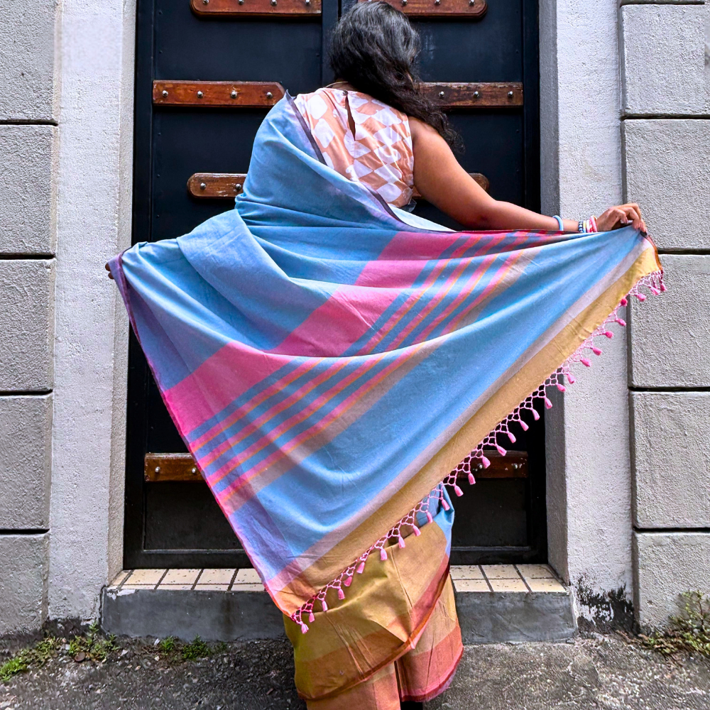 Sky Blue Handloom Cotton Saree with Pink & Lavender Border and Tassels