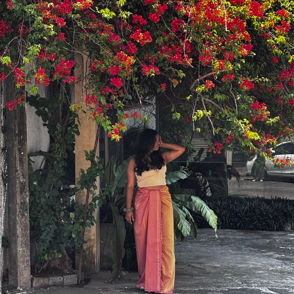 Soft Peach And Yellow Striped Silk Lungi