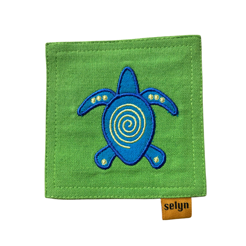 Blue Turtle Embroidered with Green background Coasters