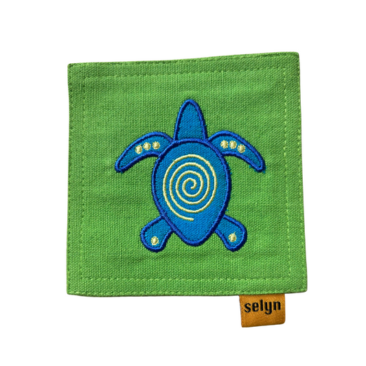 Blue Turtle Embroidered with Green background Coasters