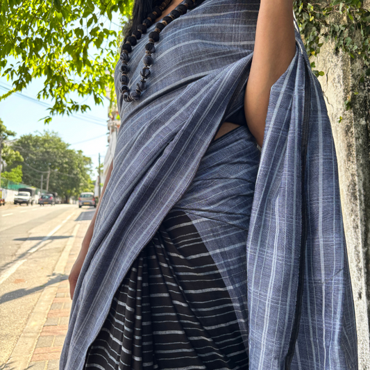 Black And Ash Stripe With Black Tussar Handloom Saree