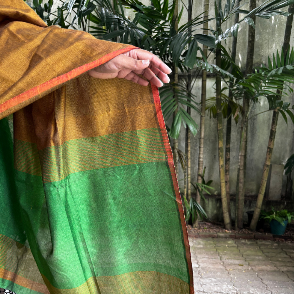 Mustard & Emerald Green Striped Handloom Cotton Saree with Tassels