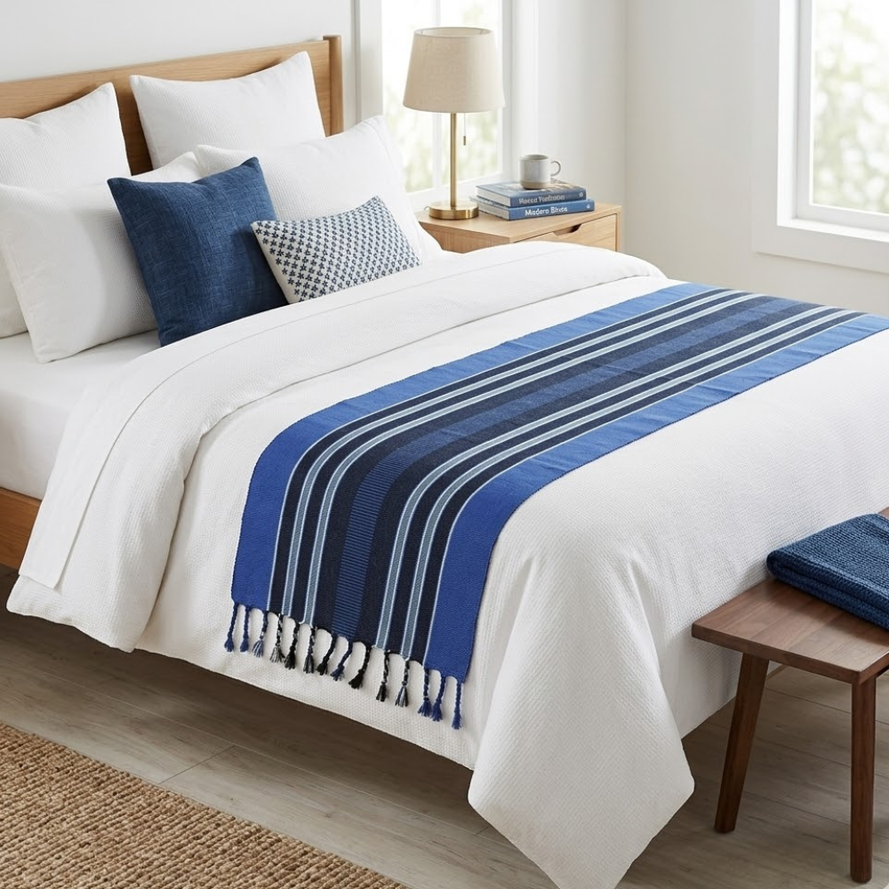 Blue & Black Striped Bed Runner