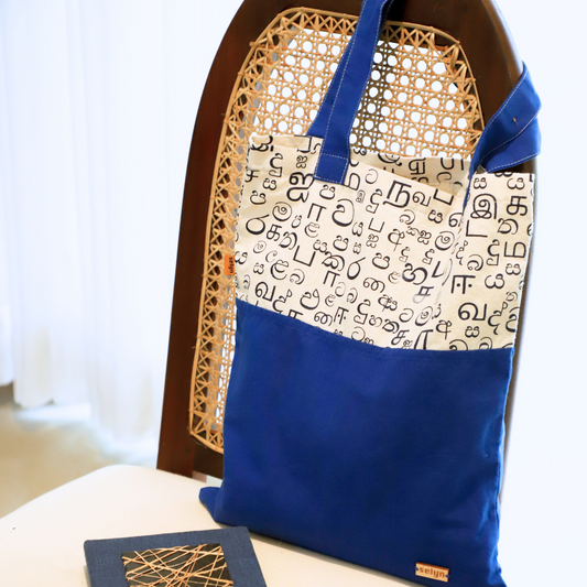 Blue & White Akuru Tote Bag – Sinhala & Tamil Script Design