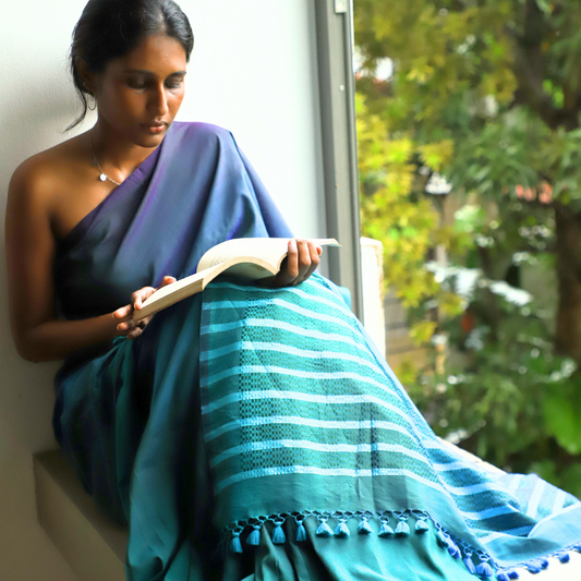 Indigo , Green & Blue Stripe with blue Tussar Handloom Saree