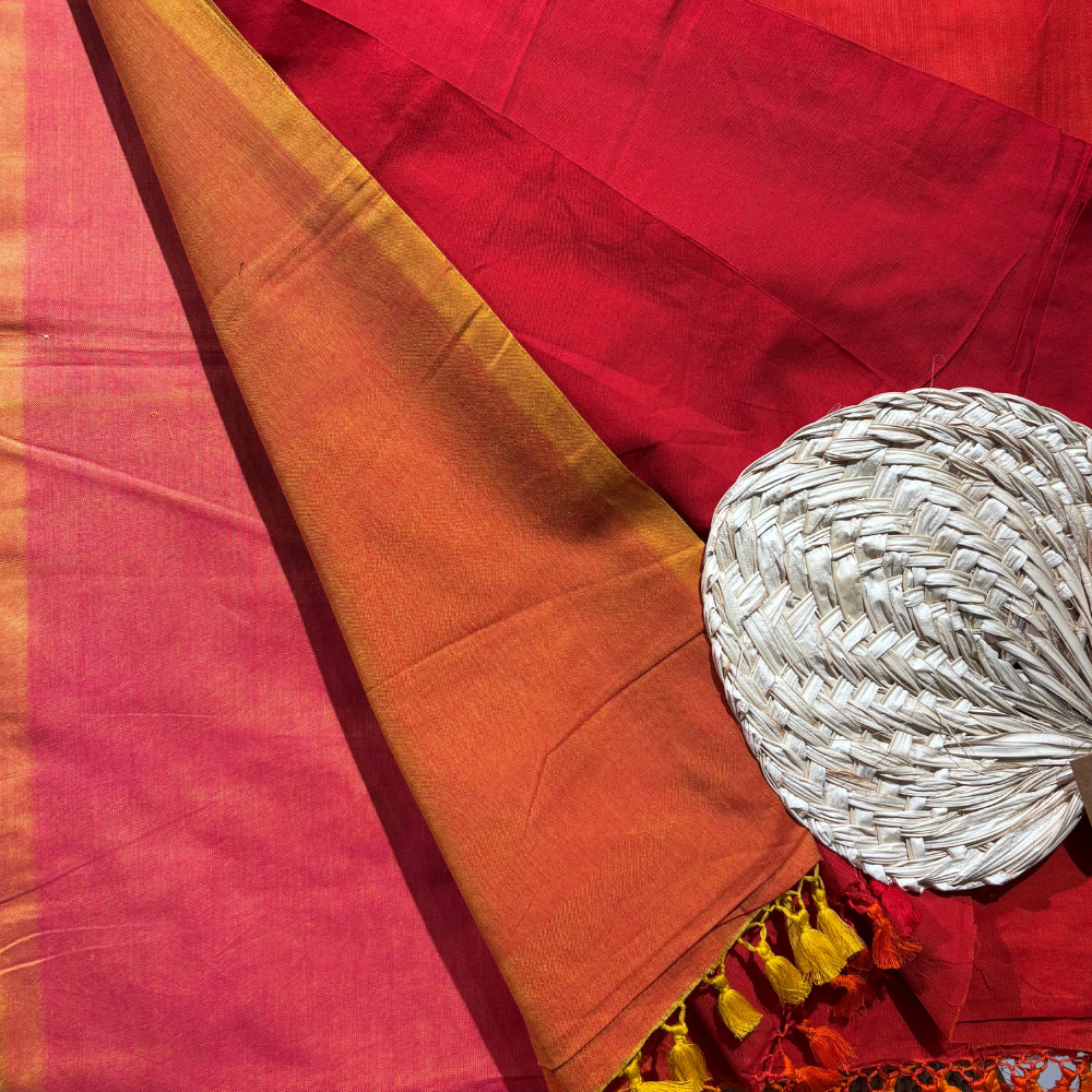 Pink , Red, Orange & Yellow Striped Handloom Cotton Saree with Tassels