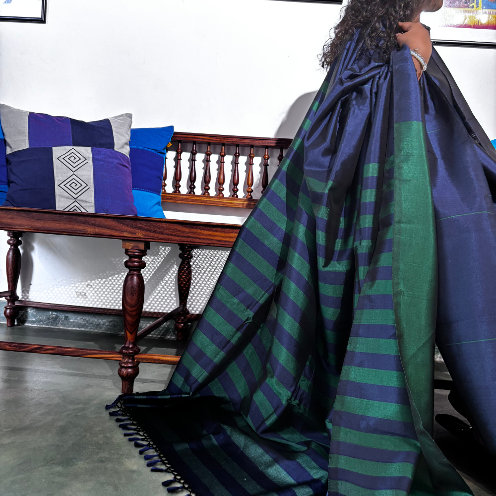 Dark Green And Navy Blue Handloom Rayon Silk Saree with Tassels