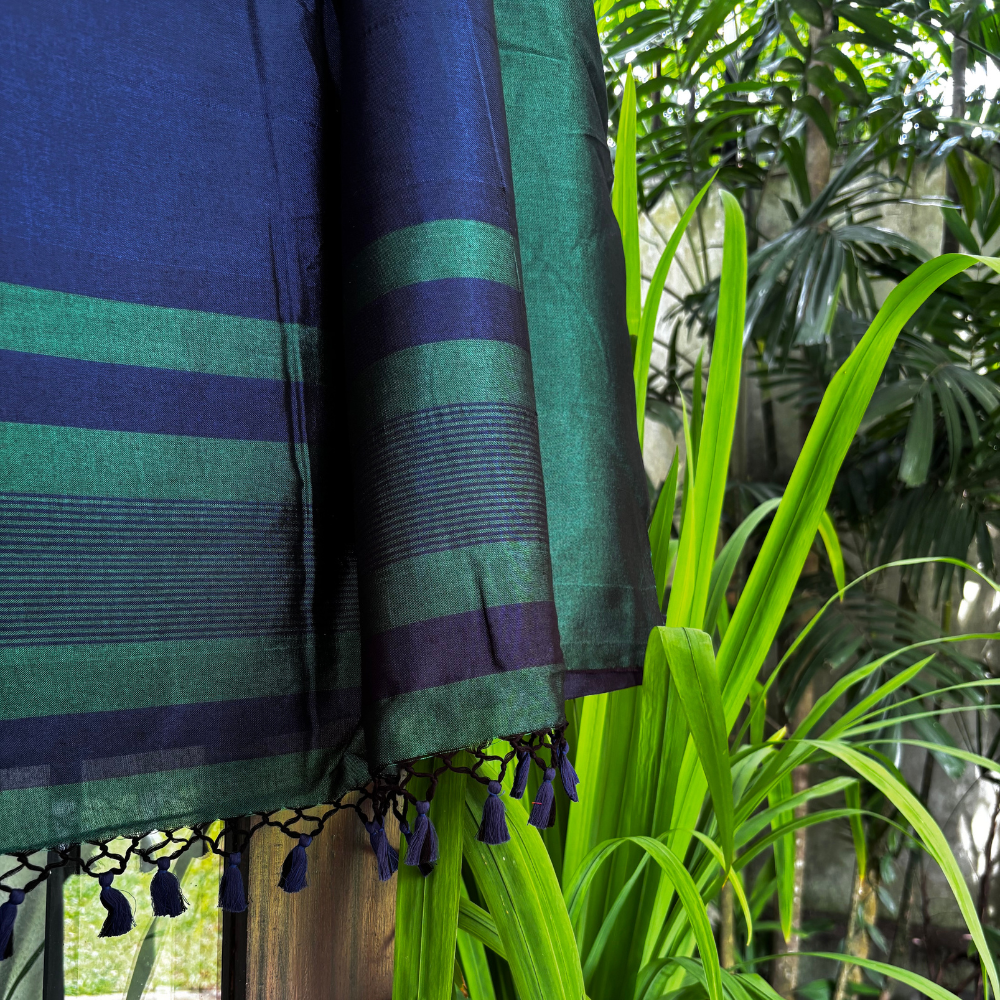 Dark Green & Navy Blue Striped Handloom Rayon Silk Saree with Tassels