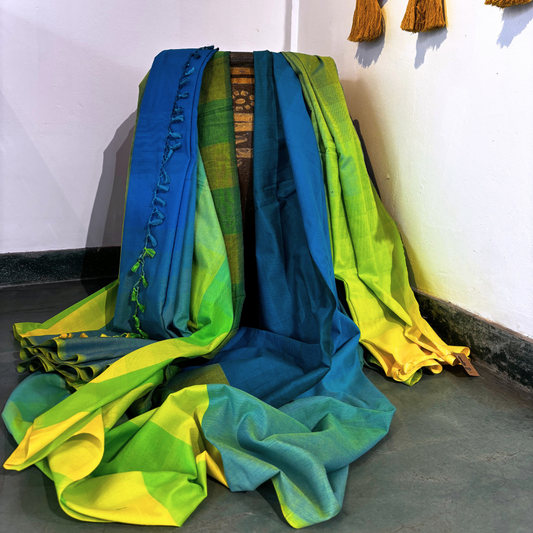 Green , Yellow & Blue Handloom Cotton Saree with Tassels