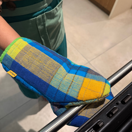 Blue And Yellow Patchwork Handloom Oven Glove