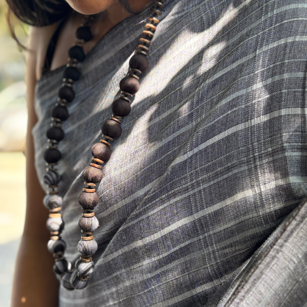 Black And Ash Stripe With Black Tussar Handloom Saree