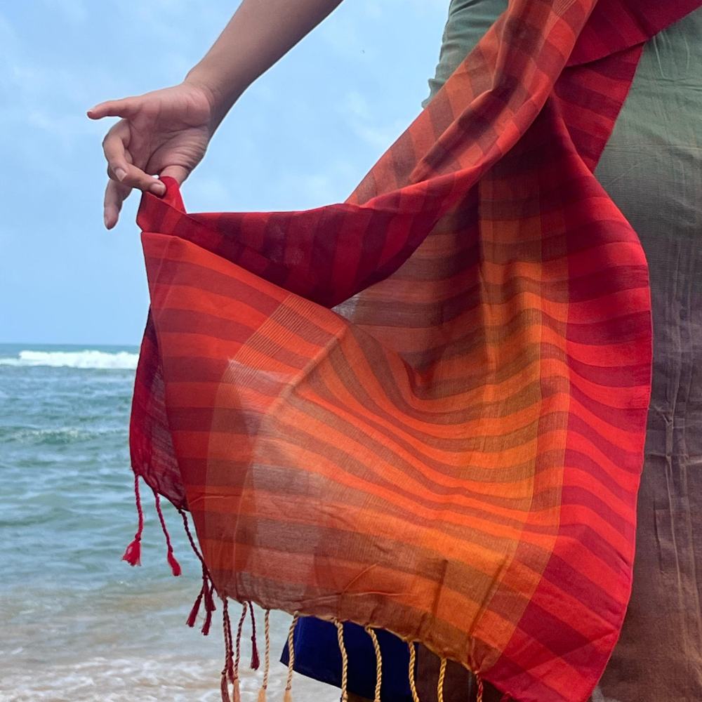 Red And Orange Striped Cotton Handloom Shawl