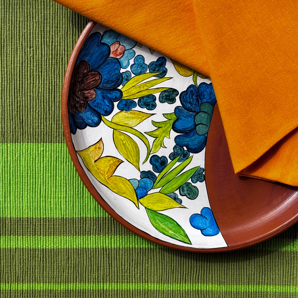 Dark Green and Light Green Patterned  Handloom Table Mat & Napkin Set-6 Seater