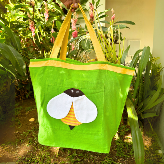 Handloom Cotton Tote Bag With Green Bee Design