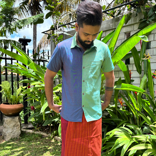Green And Purple Mixed Blue Striped Handloom Shirt | Small Size