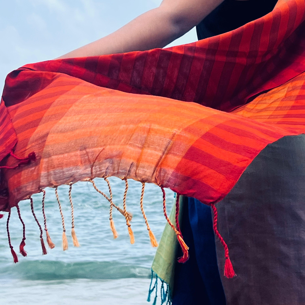 Red And Orange Striped Cotton Handloom Shawl