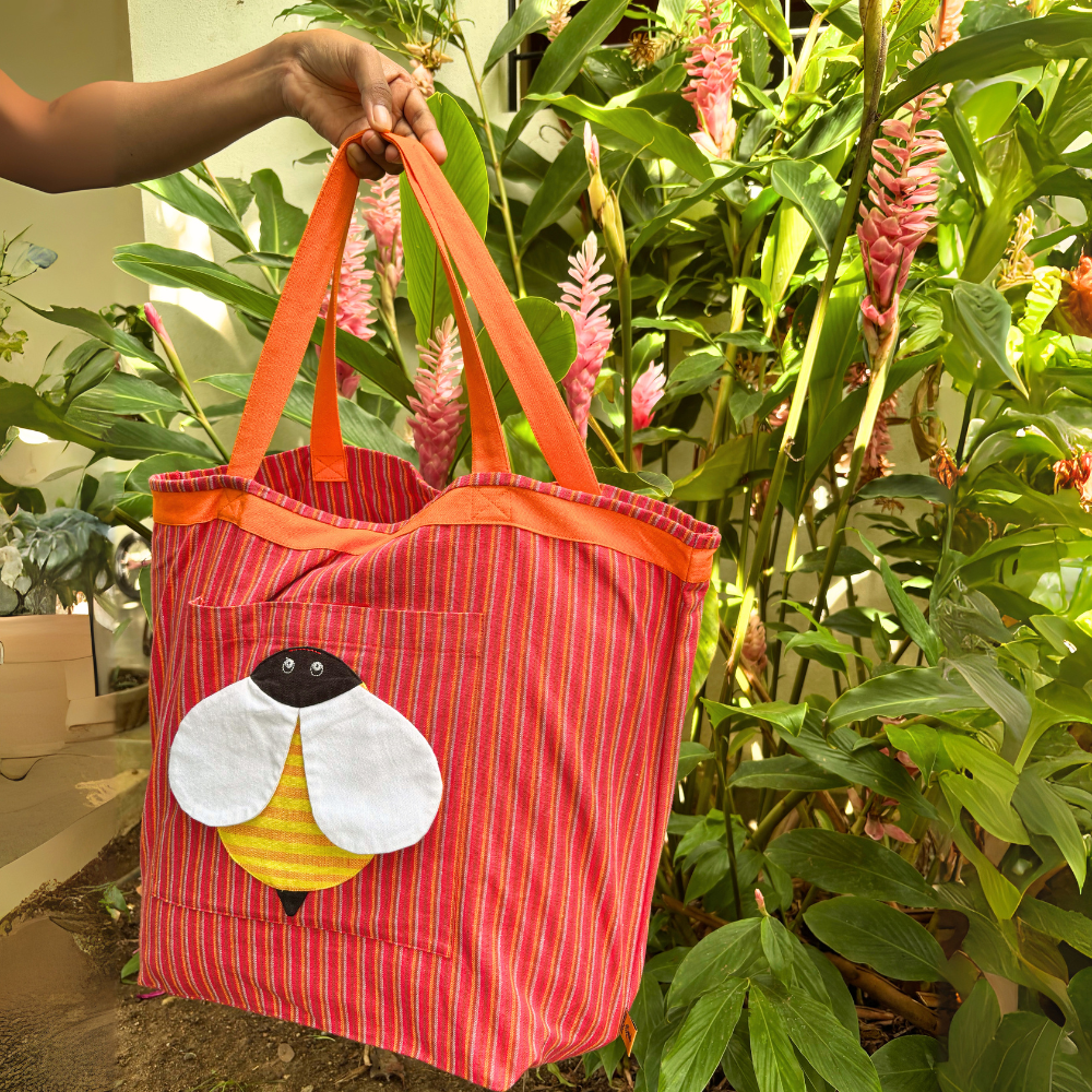 Handloom Cotton Tote Bag With Pink Bee Design