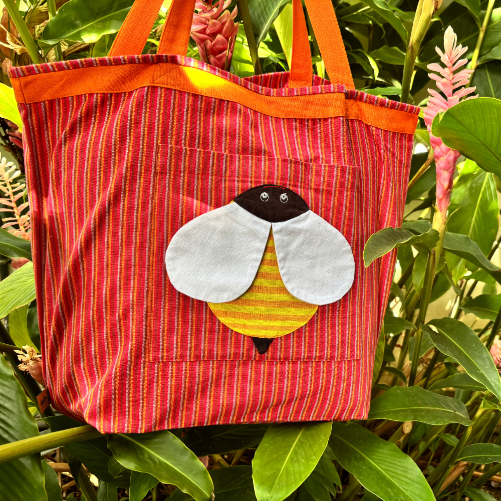 Handloom Cotton Tote Bag With Pink Bee Design