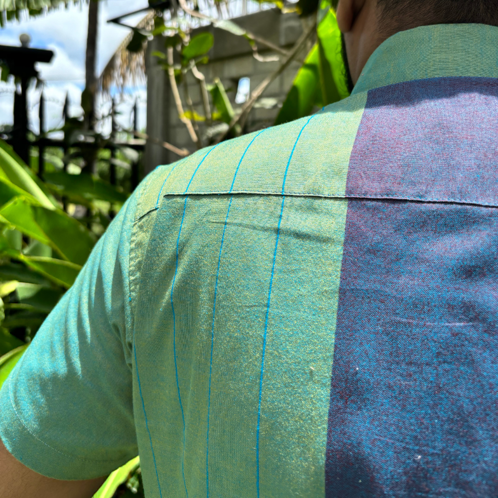 Green And Purple Mixed Blue Striped Handloom Shirt | Small Size