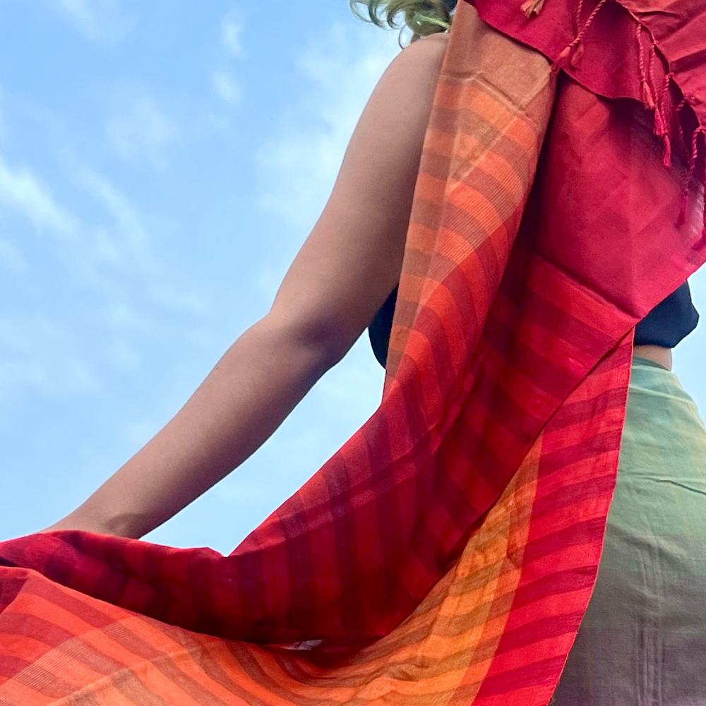 Red And Orange Striped Cotton Handloom Shawl
