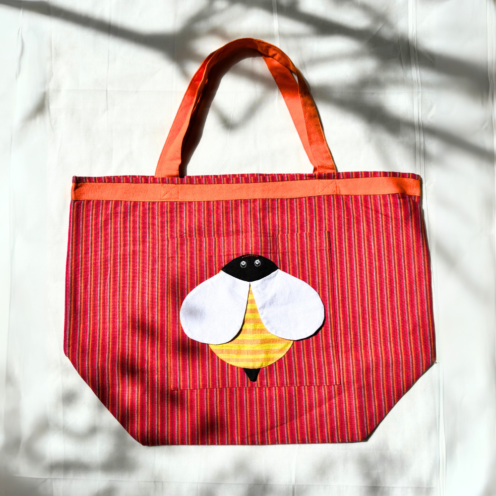 Handloom Cotton Tote Bag With Pink Bee Design